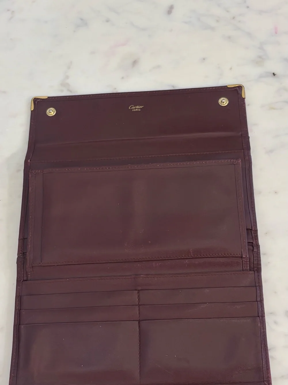 Vintage Cartier Burgundy Leather Long Wallet Kiss Lock Coin Purse Gold Tone